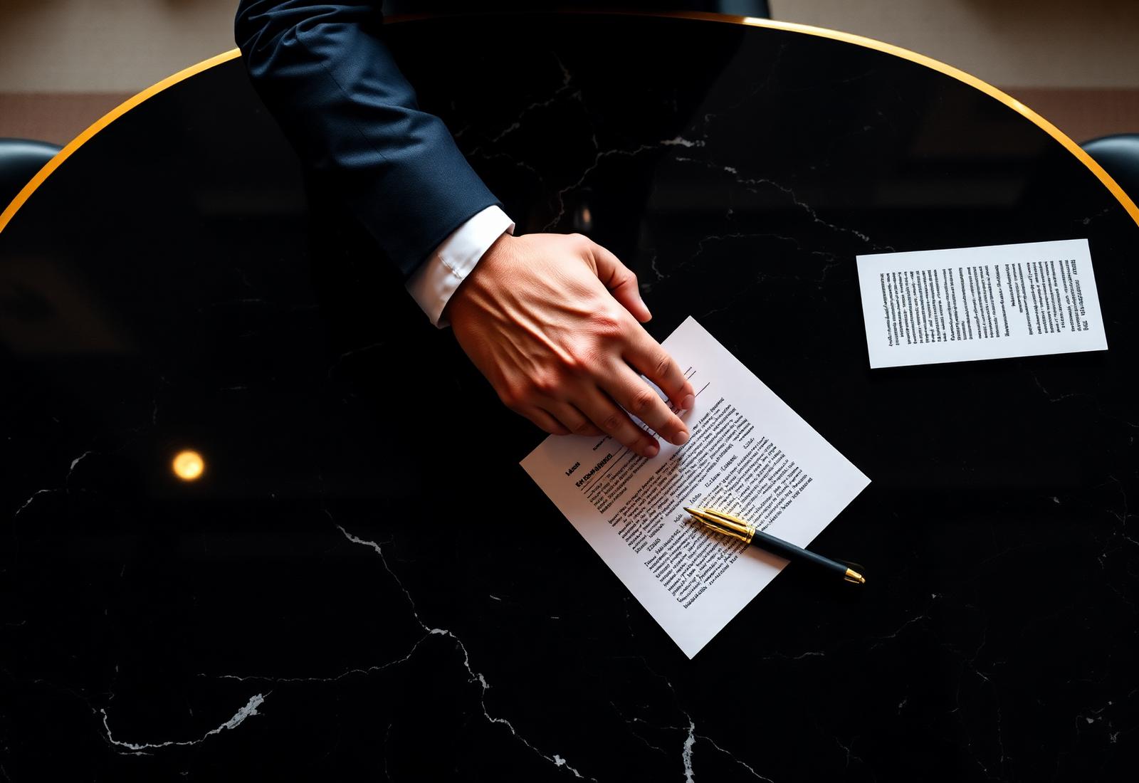 Lawyer reviewing contract on black marble table
