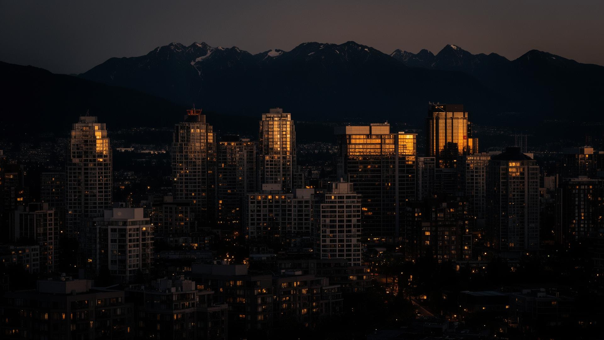 Burnaby skyline at dusk with North Shore mountains