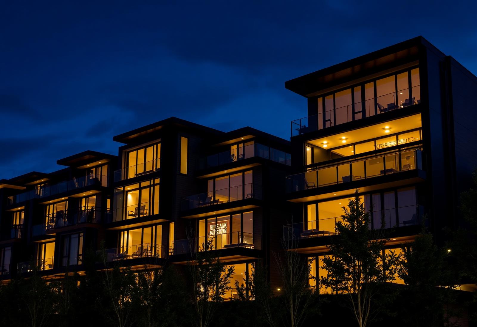 Modern residential building at dusk